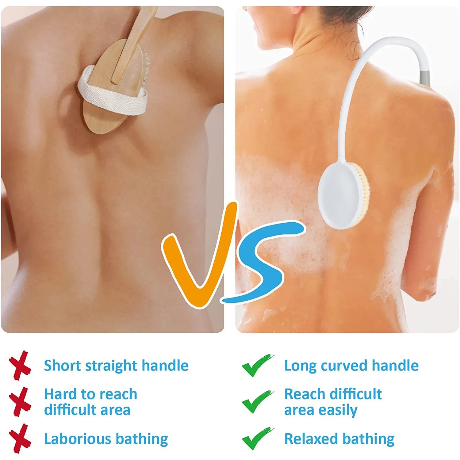 Back Bath Shower Body Brush With Curved Handle for Elderly, Disabled, Limited Mobility