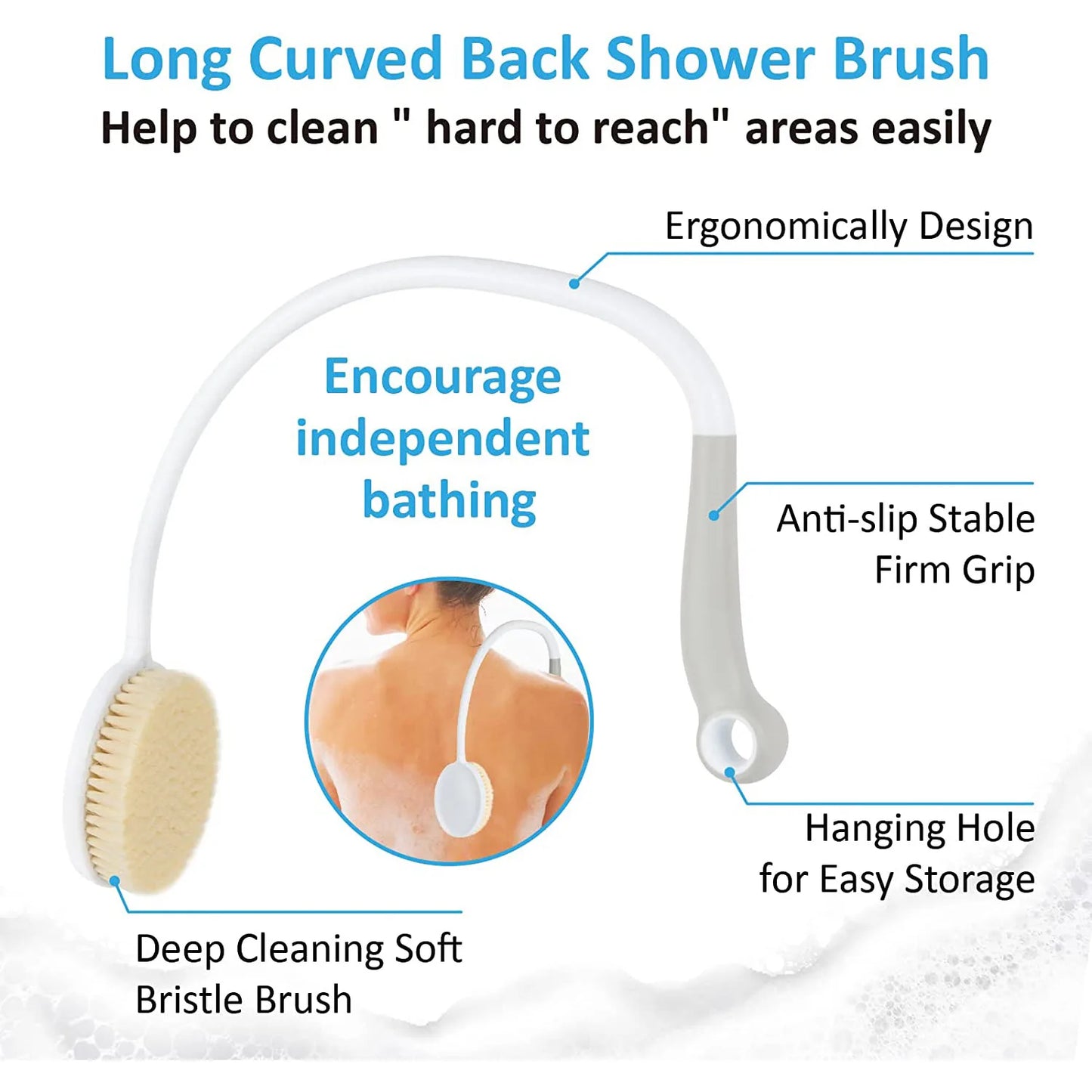 Back Bath Shower Body Brush With Curved Handle for Elderly, Disabled, Limited Mobility